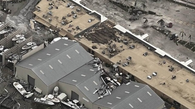Storm damage to warehouses and boatyards after Hurricane Ian