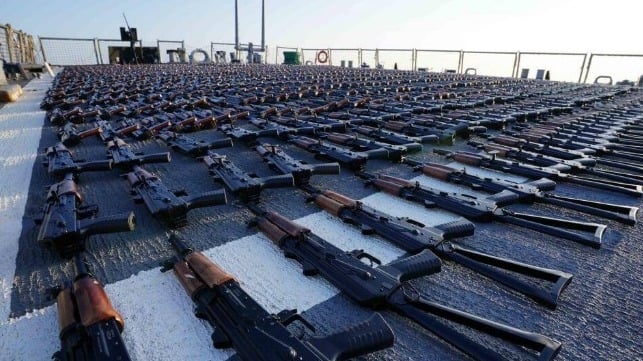 Confiscated Iranian-origin assault rifles on the deck of USS The Sullivans, January 2023 (USN)