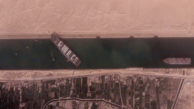 Ever Given aground in the Suez Canal, as seen from space