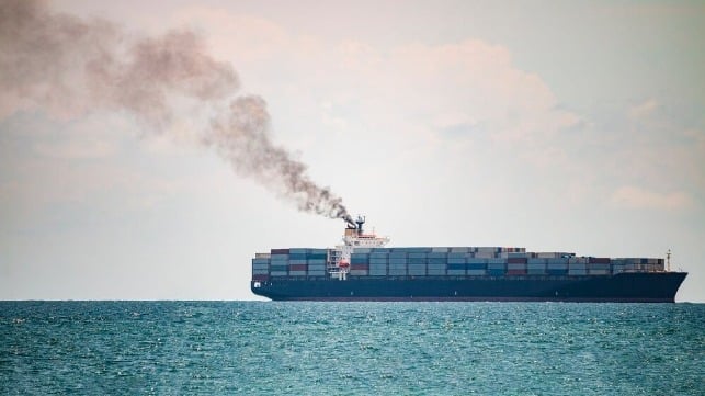 Container ship with smoke