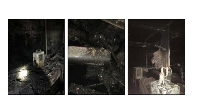 Space heaters located in the engine room break area following the fire: (left) an electric heater on the workshop bench, (center) a propane heater on the deck of the workshop, and (right) a fixed electric heater located forward of the steering gear. (Source: NTSB)