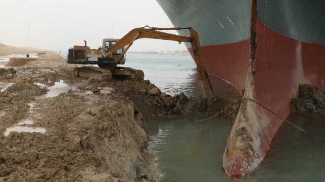 Excavator digging out the bow of the Ever Given