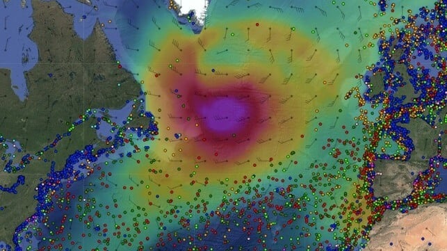 AIS data shows just one ship located near the region of massive 50-foot wave heights (Pole Star Global)