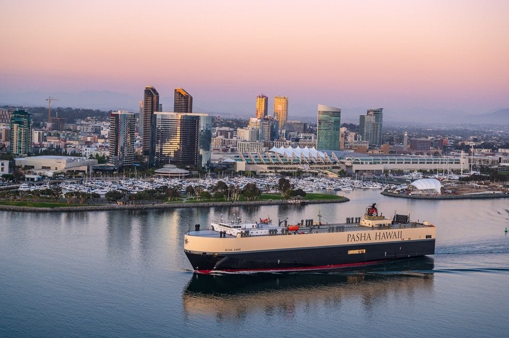 Ro-ro vessel smoothly navigating through San Diego Bay