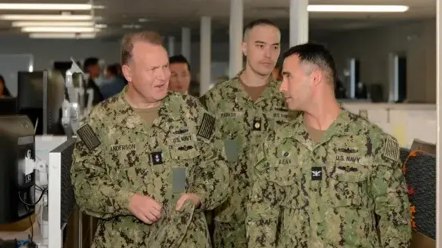 Rear Adm. Thomas Anderson, left, during his time as PEO Ships (USN file image)