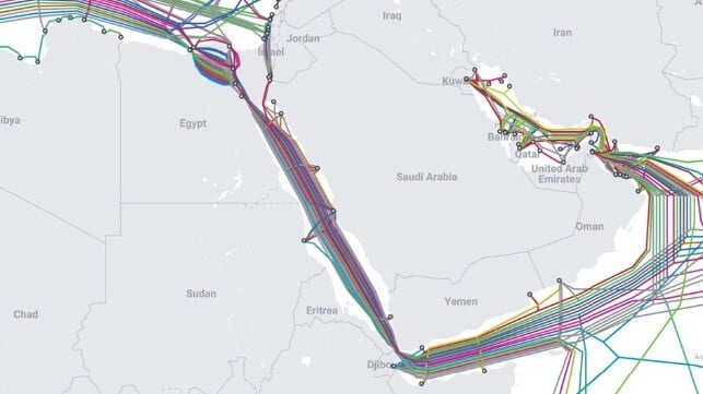 The Red Sea corridor has one of the highest densities of subsea comms cables in the world (TeleGeography / CC BY SA 4.0)