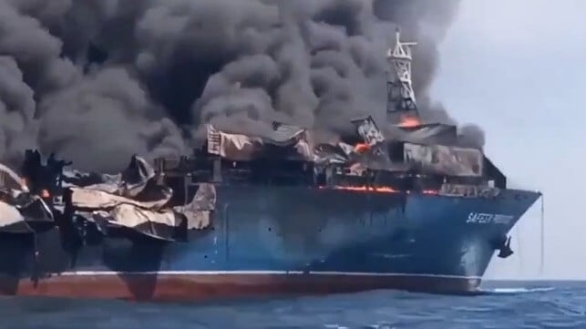 Fire aboard the boxship Safeen Prestige, Strait of Hormuz, March 2026 (Saint Javelin / social media)