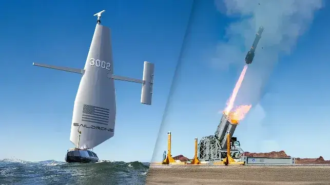A haze-gray Saildrone Surveyor, left, and Lockheed's first test of the JAGM quad-pack launcher that will equip it, right (Saildrone)