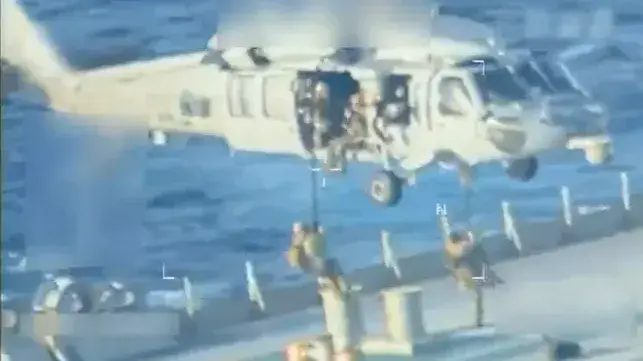 A joint search and seizure team boards the sanctioned tanker Skipper off Venezuela, December 2025 (USCG)