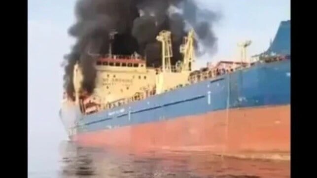 The small tanker Skylight burns after an Iranian strike (social media)