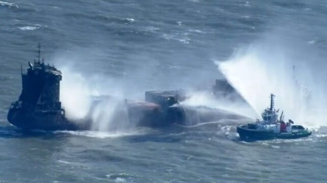 containership burning after collision