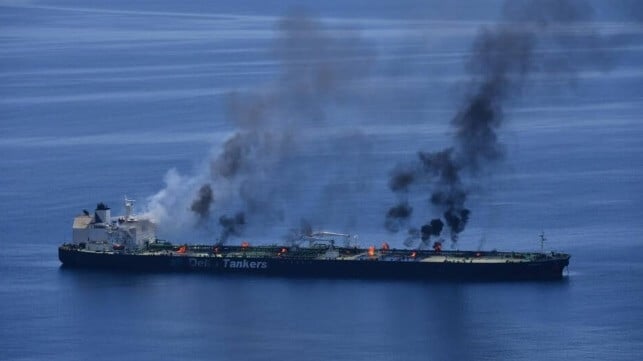 Damage to the tanker Sounion after a Houthi attack off Yemen, 2024 (EUNAVFOR)