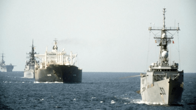 U.S. Navy forces escort a U.S.-flagged tanker in the Arabian Gulf, Operation Earnest Will, 1987 (USN file image)