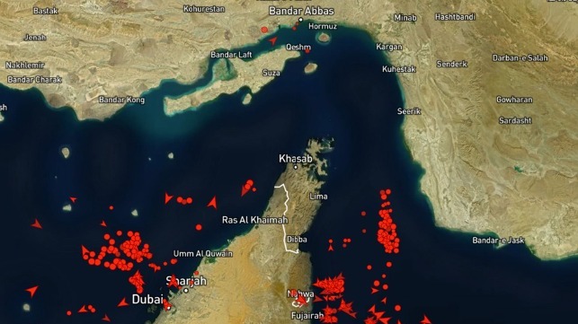 Waiting to profit: empty tankers lined up at the Strait of Hormuz starting line off Fujairah, Khor Fakkan and Dibba (MarineTraffic) 