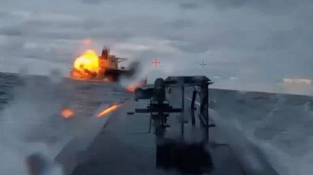 Ukrainian drone boats attack a shadow fleet tanker in the Black Sea, December 2025 (Courtesy Security Service of Ukraine)
