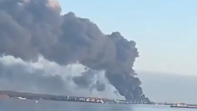 Terminal at Ust-Luga burns after a Ukrainian strike, March 2026 (Russian social media)