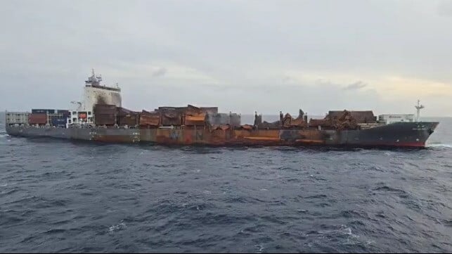 fire-damaged containership