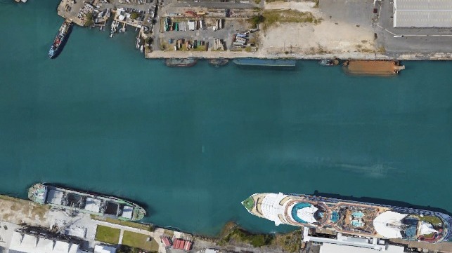 Water Spirit 2 Med-moored in the channel, upper left (Google / Maxar)