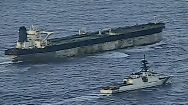 The seized shadow fleet tanker Bella 1 (Marinera) under U.S. Coast Guard control in the North Atlantic (USCG)