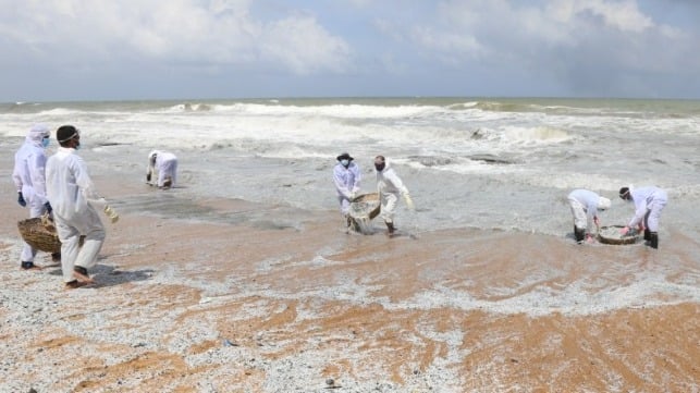Drifts of partially-burned plastic pellets from XPress Pearl wash up on the beach in Colombo, 2021 (Sri Lankan Environmental Protection Authority)