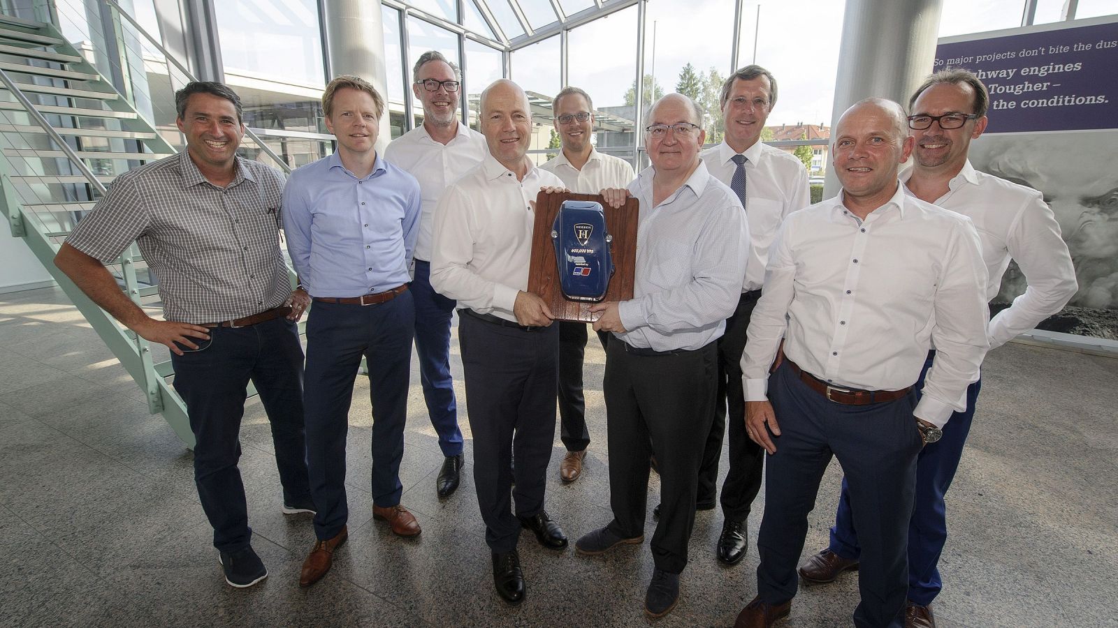 Heesen Yards has received an award from MTU - for a total installed power of 600,000 bhp. Happy about the award and the long-standing relationship are in the middle with the award: Arthur Brouwer (CEO of Heesen) and Knut M?ller (Head of governmental & marine business at MTU), from left to right: Jochen Kuhn (Sales Manager Yacht MTU), Nils Vaessen (CFO Heesen), Perry Kuiper (CEO MTU Benelux), Dennis Zumbach (Head of marine & offshore sales Europe, Middle East, Africa MTU), Mark Cavendish (Sales & Managing Director Heesen), Wouter Hoek (Sales MTU Benelux) and Rick van der Wetering (Director Operations Heesen)