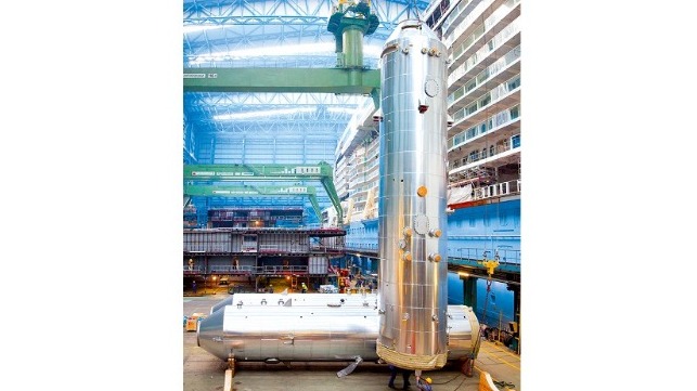 Scrubbers ready for installation onboard Norwegian Escape at Meyer Werft. Photo courtesy of Yara Marine Technologies AS / ?Meyer Werft
